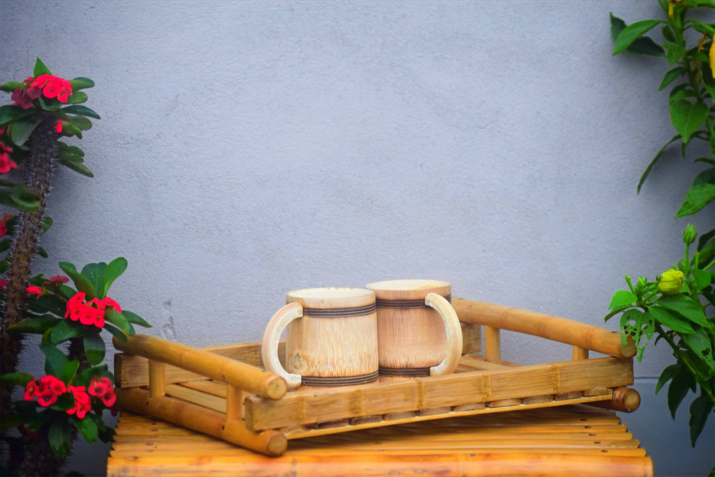 BAMBOO TRAY WITH SET OF 2 COFFEE MUG