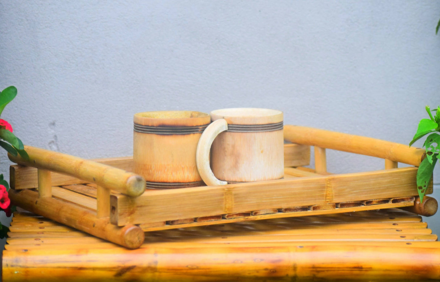 BAMBOO TRAY WITH SET OF 2 COFFEE MUG